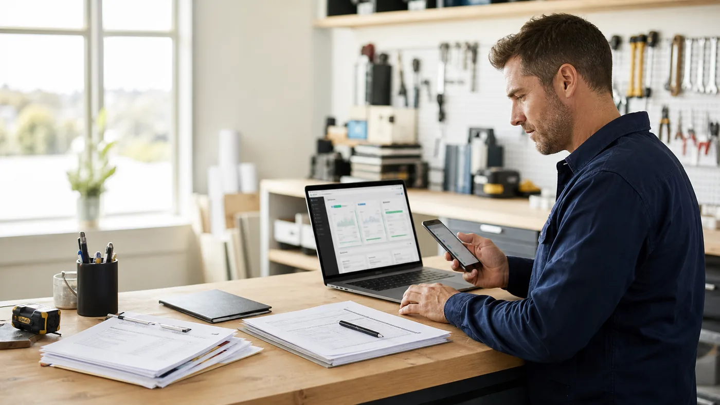 Small business owner reviewing work and invoices on a laptop