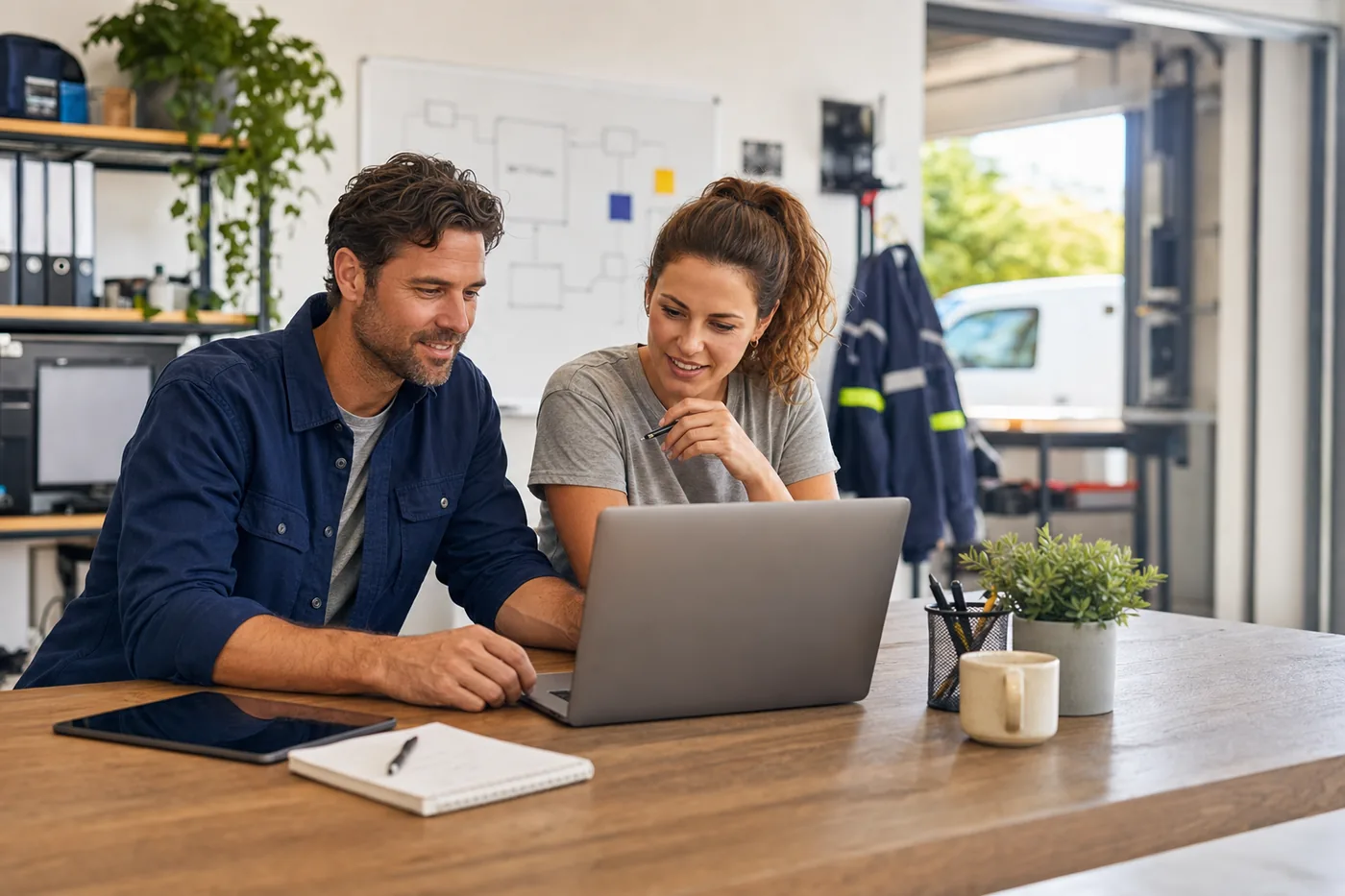 Small business team reviewing job and invoice software